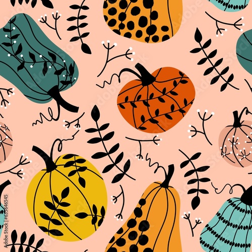 Halloween pumpkins seamless autumn harvest vegetable pattern for wrapping paper and fabrics and kids