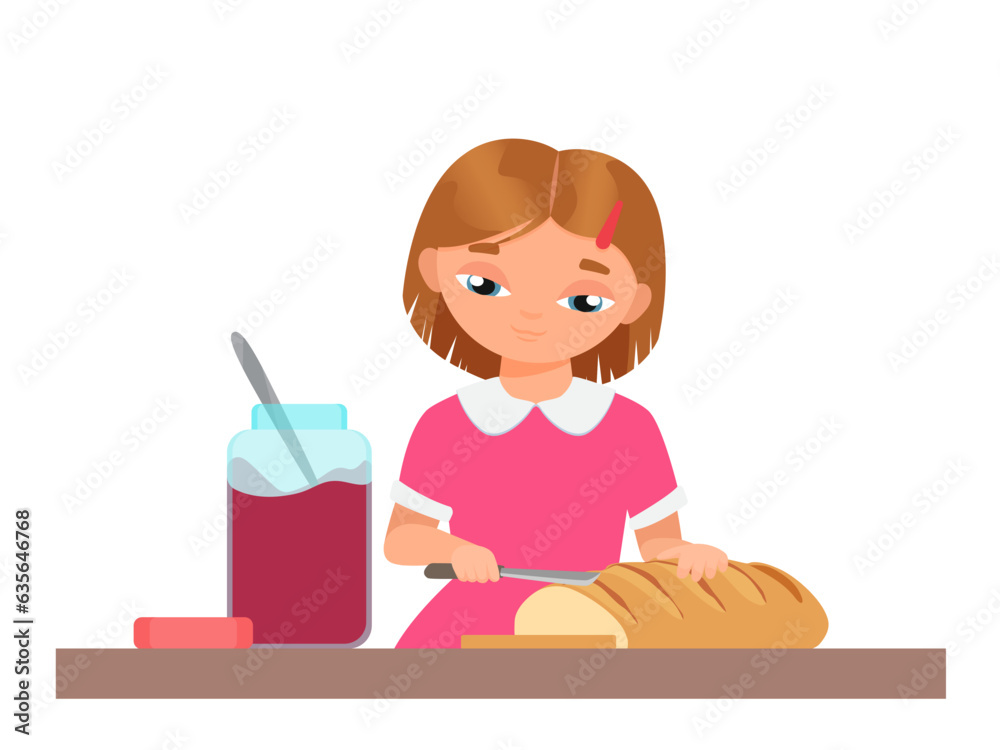 Little girl preparing toasts. Kid in kitchen prepare bread with jam vector illustration