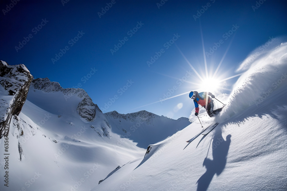 Sunlit Alpine Descent: Thrilling Ski Adventure on a Sunny Day Amidst Snow-Capped Mountains, ai generative Sunlit Alpine Descent: Thrilling Ski Adventure on a Sunny Day Amidst Snow-Capped Mountains, ai generative