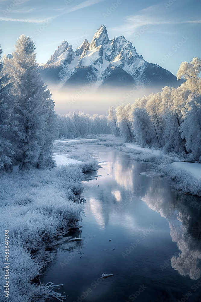 Majestic Winter Wonderland: Snow-Covered Peaks, Serene River, and Lush Alpine Forest in View. ai generative