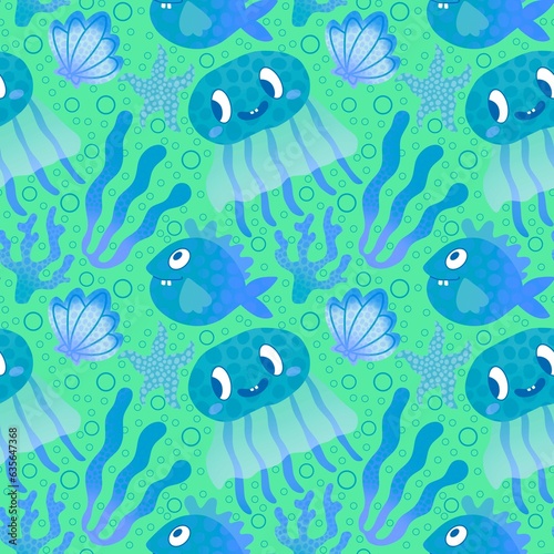 Cartoon fish seamless jellyfish and shall and coral pattern for fabrics and wrapping paper and kids clothes print