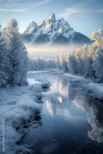 Majestic Winter Wonderland: Snow-Covered Peaks, Serene River, and Lush Alpine Forest in View. ai generative