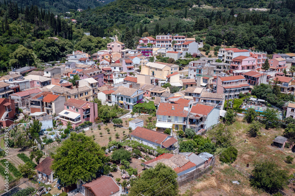 Benitses, Greece - June 20, 2021: Drone photo of Benitses town