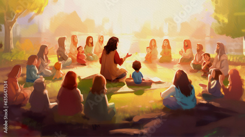 Jesus Teaching Children, biblical illustration, generative ai.