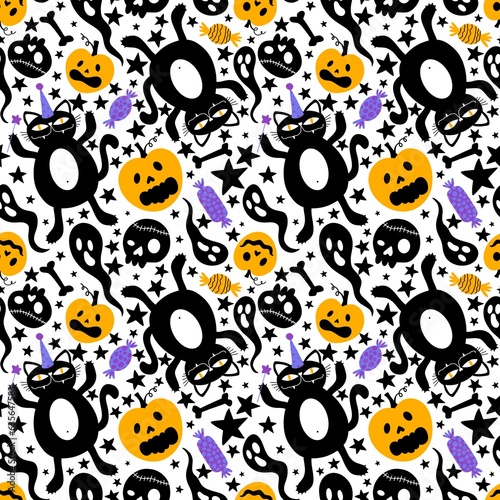 Wallpaper Mural Halloween cartoon pumpkins seamless cat and skulls and ghost pattern for wrapping paper and fabrics and kids Torontodigital.ca