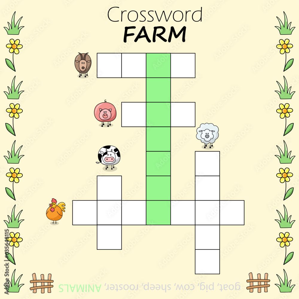 Crossword puzzle game with farm animals. Cartoon vector illustration