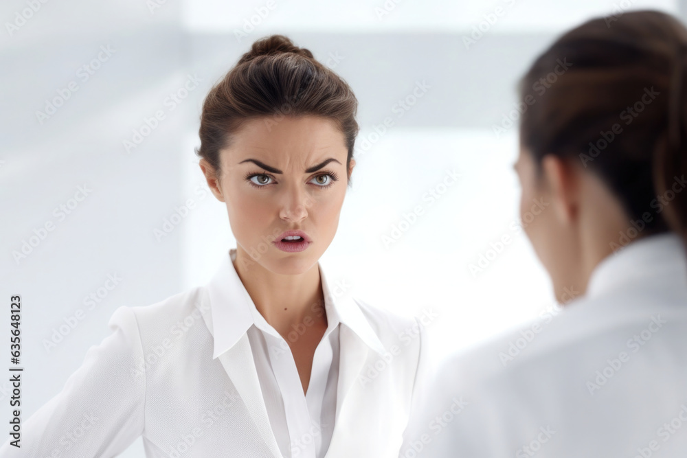 angry discussing business woman, in a white suit angry discussing business woman, in a white suit