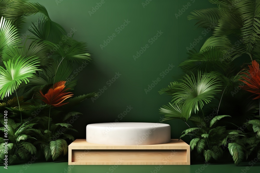 podium pedestal for product presentation on a tropical forest green ambience commercial mockup