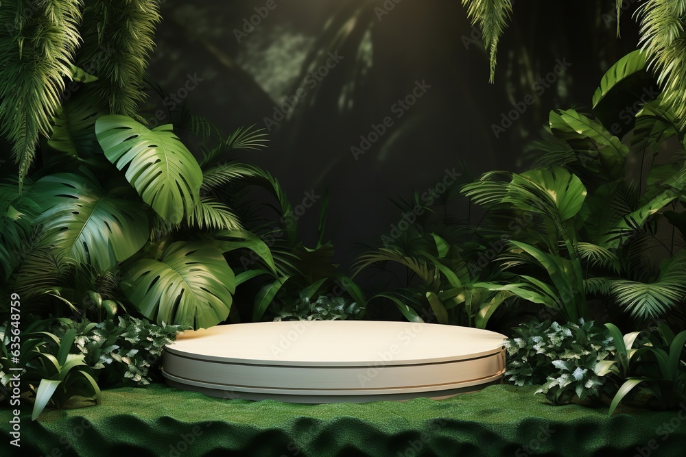 podium pedestal for product presentation on a tropical forest green ambience commercial mockup podium pedestal for product presentation on a tropical forest green ambience commercial mockup