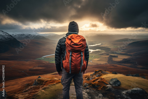 Backpacker enjoying the view from a mountaintop - AI Generated