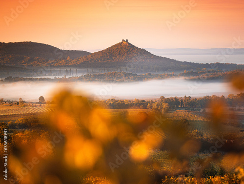 Famous Szigliget castle with vineyards in autumn