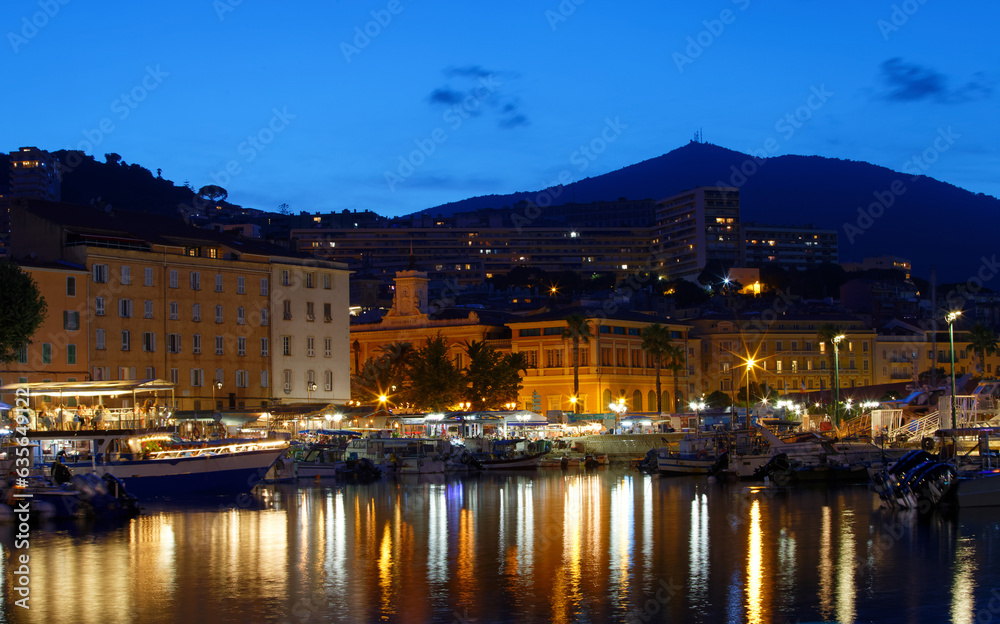 Pleasure yachts and fishing boats moored in old port of Ajaccio, the capital of Corsica island, France.
