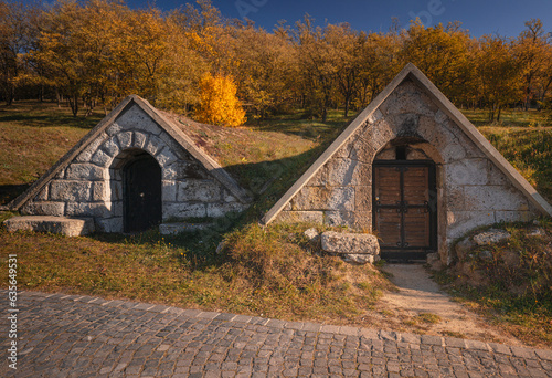 Famous old stone wine cellar in Tokaj Region, Hercegkut in Hungary in the afternoon lights © Horváth Botond
