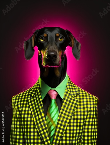 Fashion portrait of  A Doberman dog SlimSuit with checkerboard patterns illustration generative ai  © takkan