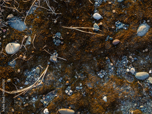 Ground background. Stones, pebbles, earth and moss. What is under your feet. Beach ground.