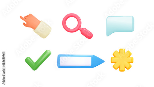 3d browser vector icons. Search bar, click hand, magnify, speech bubble, check mark, asterisk otp