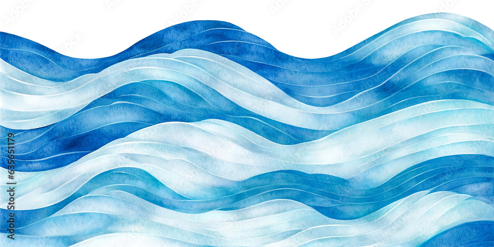 Ocean water waves illustration texture, blue lines isolated png for copy space text. Lake wave flowing motion web banner, watercolor effect backdrop. Fun pool calm water cartoon. Hand painted details - obrazy, fototapety, plakaty 