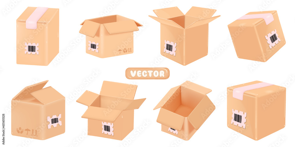Set of 3D cardboard boxes icons with symbols isolated on white background. Cardboard shipping box with symbol of fragility, careful handling, protection from rain and water. 3d realistic vector Set of 3D cardboard boxes icons with symbols isolated on white background. Cardboard shipping box with symbol of fragility, careful handling, protection from rain and water. 3d realistic vector