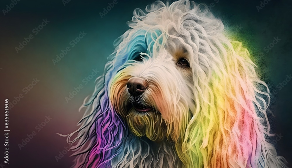 Cute realistic pastel rainbow colored paint dog with curly fur background