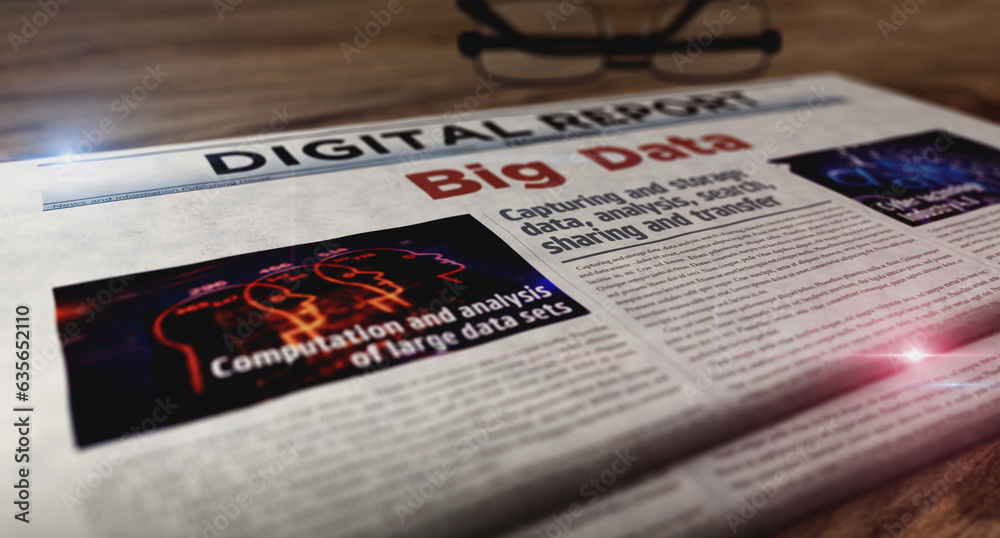 Obraz premium Big data analysis technology newspaper on table