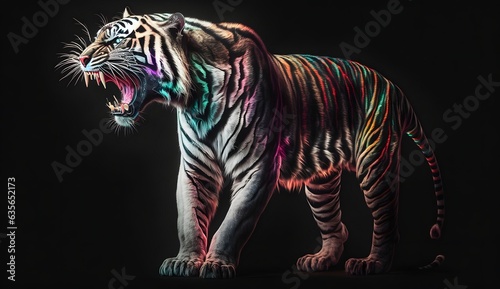 Cute realistic pastel rainbow colored paint tiger with curly fur background