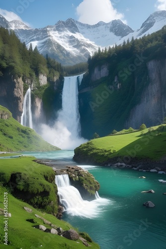 A tranquil evening in a lush green valley, with a majestic waterfall cascading into a crystal-clear lake, 