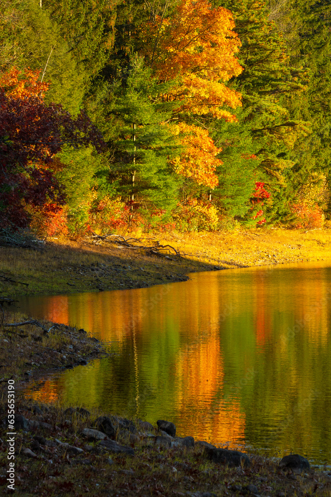 Colorful fall foliage reflected on Buckingham Reservoir in Glastonbury, Connecticut.