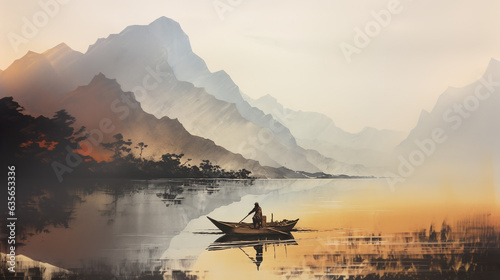 Man on Boat surrounded by Beautiful mountains