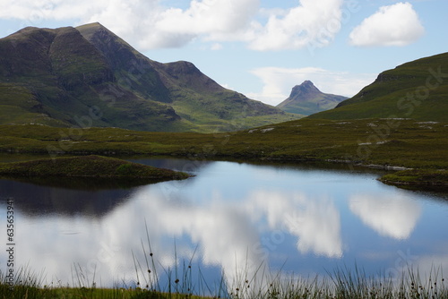 Lochan an Ais with Cul Beag (left) and Stac Pollaidh (centre), from Knockan Crag National Nature Reserve and Geopark, Assynt, near Ullapool, Sutherland, North West Scotland photo