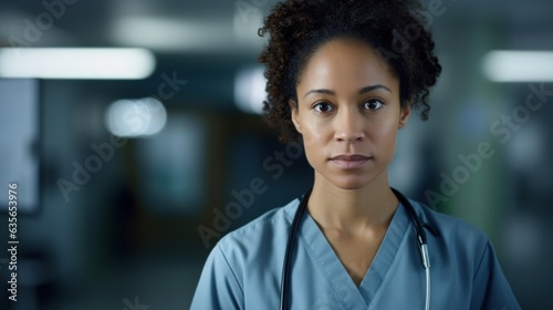 portrait of person of colour, black, female medical staff member looking towards camera, short focal length, out of focus background