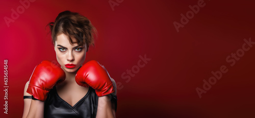 Young woman with red boxing gloves, serious expression. Studio portrait wide banner with empty copy space on side. Generative AI © Lubo Ivanko