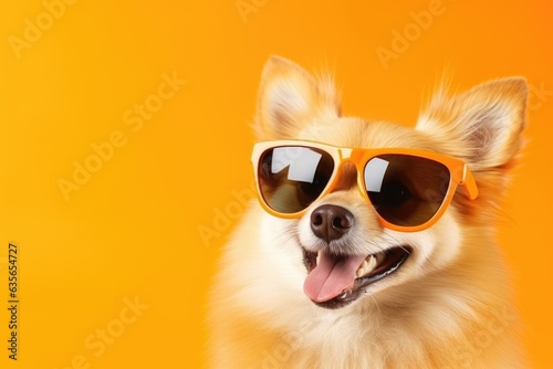 Closeup portrait of pomeranian spitz dog in fashion sunglasses. Funny pet on bright yellow background. Puppy in eyeglass. Fashion, style, cool animal concept with copy space © ratatosk
