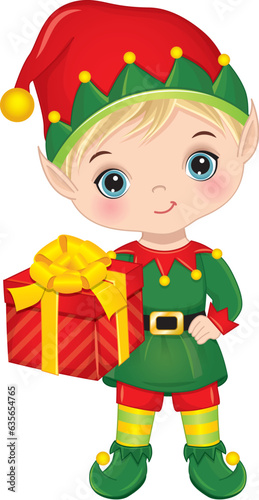 Vector Cartoon Cute Little Elf Boy with Gift Box