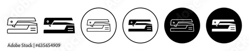 Hole puncher icon set. office paper punch machine vector symbol in black filled and outlined style. photo
