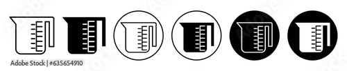 measuring cup icon set. kitchen liquid beaker vector symbol. chemistry liter capacity measuring clear sign in black filled and outlined style. photo