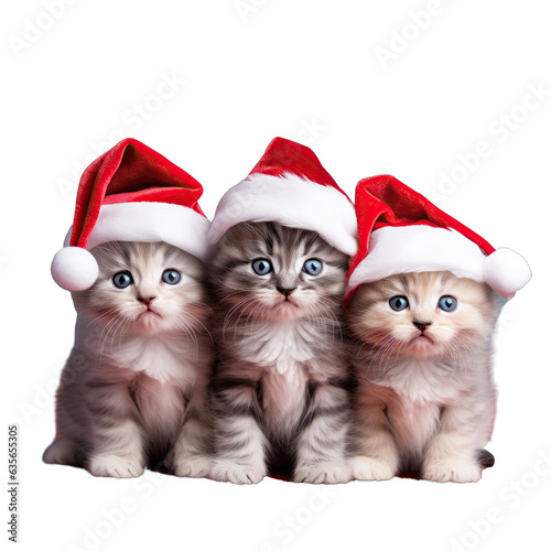 Three kittens wearing Santa caps on a transparent background during the holiday season
