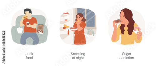 Bad food habits isolated cartoon vector illustration set. Teenage obesity problem, eating unhealthy, overweight teenage boy eating junk food, snacking at night, sugar addiction vector cartoon.