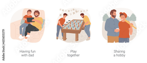 Dad-son relationship isolated cartoon vector illustration set. Have fun with dad, watching tablet at sofa, father and son playing table football, sharing a hobby, baseball training vector cartoon.