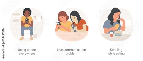 Screen overuse isolated cartoon vector illustration set. Using phone everywhere, teen with smartphone, live communication problem, diverse girls with devices, scrolling while eating vector cartoon.