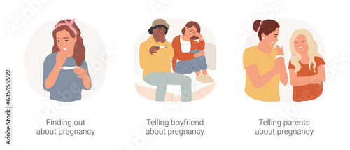 Teenage pregnancy isolated cartoon vector illustration set. Shocked girl hold pregnancy test, telling boyfriend, parents find out their daughter is pregnant, having children early vector cartoon.