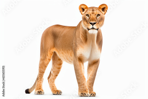 Lioness isolated on white background. Animal front view portrait.