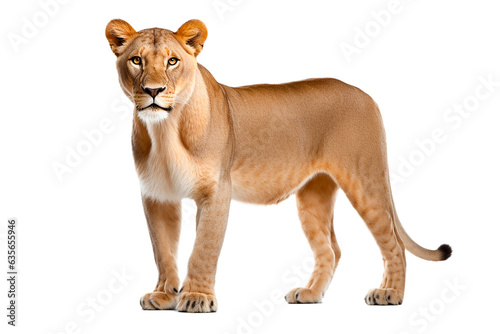 Lioness isolated on a transparent background. Animal left side portrait.