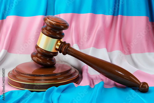 Transgender flag rights concept, wooden gavel with transgender flag, 3D rendering