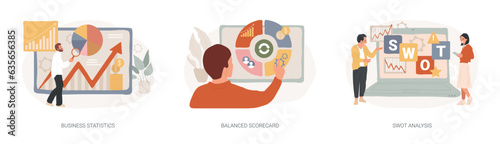 Company performance analysis isolated concept vector illustration set. Business statistics, balanced scorecard, SWOT analysis, enterprise, strategic goal, project planning, progress vector concept.