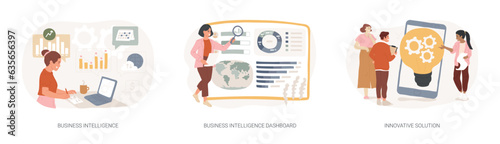 Performance tools and software solutions isolated concept vector illustration set. Business intelligence, intelligence dashboard, innovative solution, data analysis, KPI metrics vector concept.