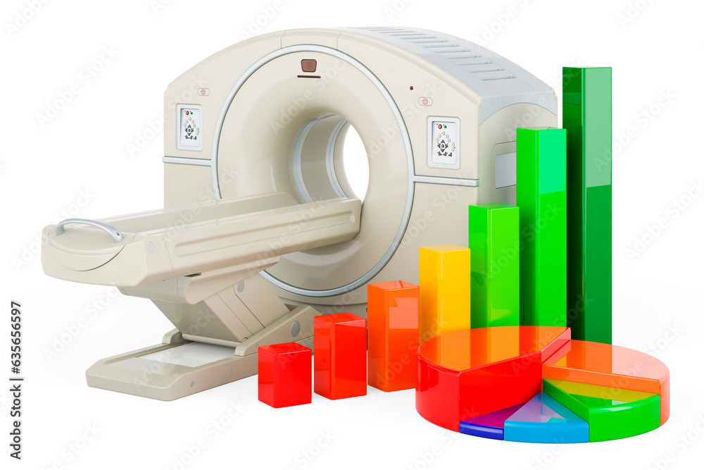 Fotografie MRI or PET scanner with growth bar graph and pie chart, 3D rendering