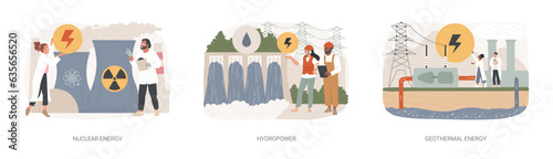 Energy sources isolated concept vector illustration set. Nuclear power plant, hydropower, geothermal energy, generate electricity, dam turbine, power plants, heat pump vector concept.