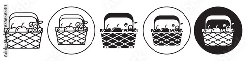Fruit Basket Icon. Symbol of fresh vegetables and fruit in small container for carrying on hand. Vector set of wicker on picnic food bag contain grocery items
