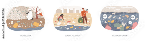 Environmental change isolated concept vector illustration set. Soil and coastal plastic pollution, ocean acidification, agricultural chemicals, water contamination, microplastic vector concept. photo