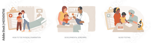 Pediatric check up isolated concept vector illustration set. Head to toe physical examination, developmental screening, blood testing, children health issue diagnostics vector concept.